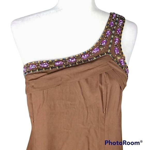 One Shoulder Tan Jeweled Handmade Beaded Dress  - Picture 2 of 7